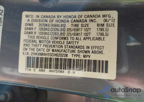 2012 Honda Cr-V Ex from USA, damaged, VIN 2HKRM4H55CH620238